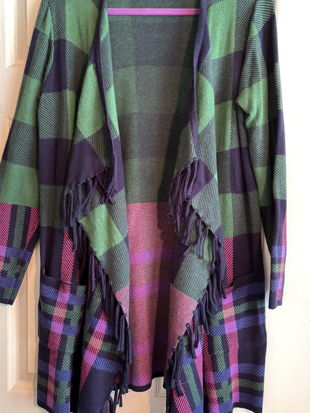 Isaac Mizrahi Green & Purple Plaid Fringe Open-Front Sweater